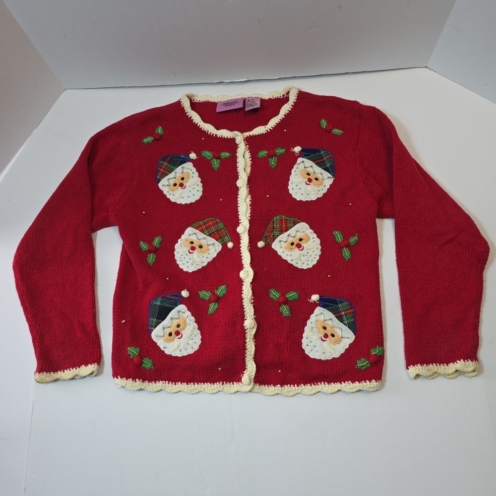 Vintage Airport girls black embroidered Santa Christmas cardigan sweater size M